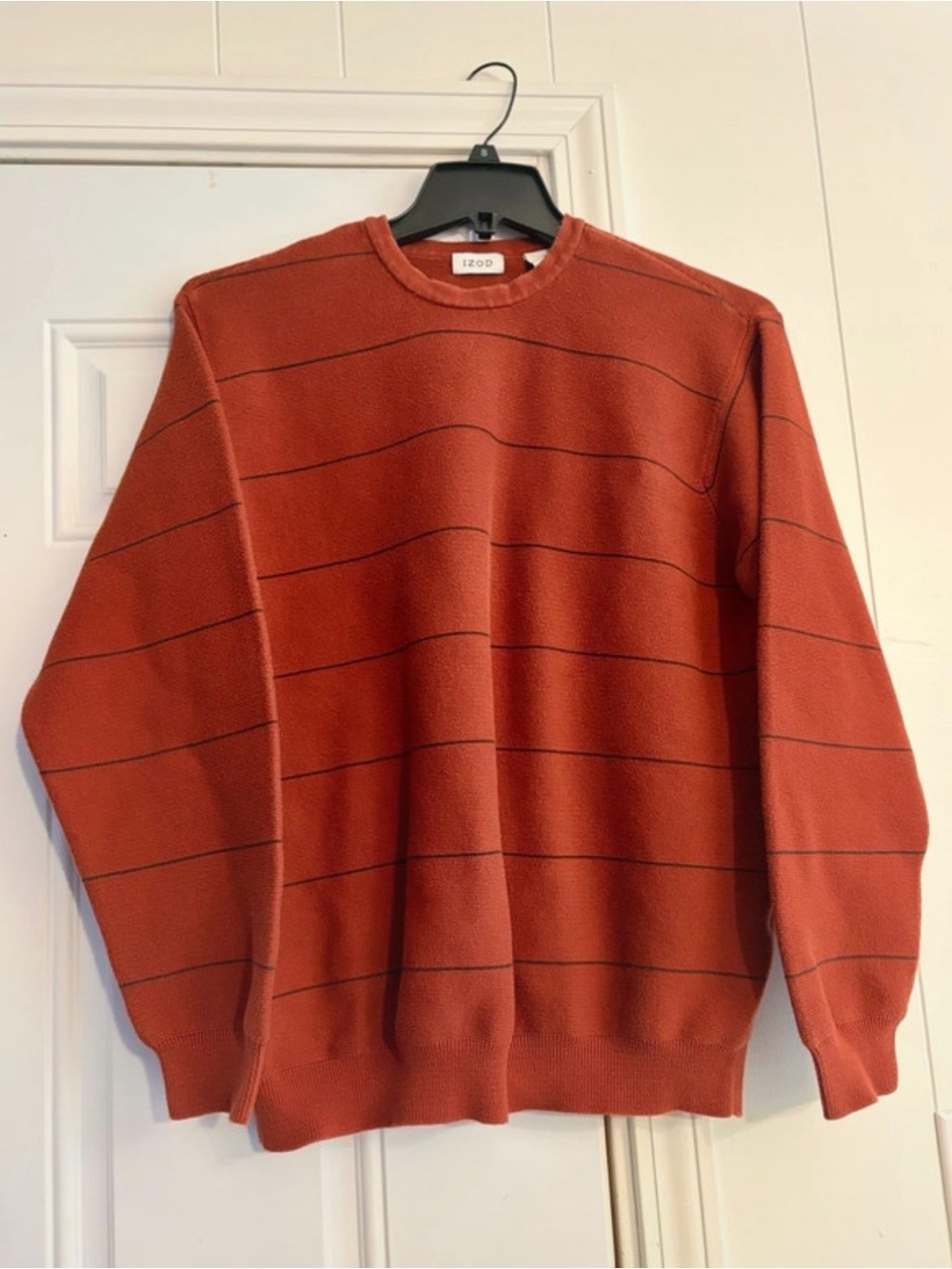 Izod Men's Rust Crewneck Sweater with Thin Black Stripes